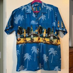Blue Hawaiian Shirt with Beer Bottle Print